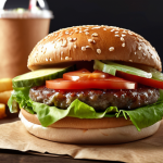 **

Fast food burger with visible local, seasonal ingredients (fresh tomato, etc.). Focus on sustainable packaging (recycled paper or edible packaging). Background: a modern, eco-conscious burger restaurant.

**
