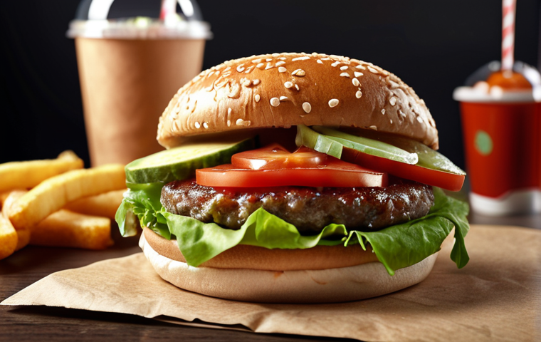 **

Fast food burger with visible local, seasonal ingredients (fresh tomato, etc.). Focus on sustainable packaging (recycled paper or edible packaging). Background: a modern, eco-conscious burger restaurant.

**
